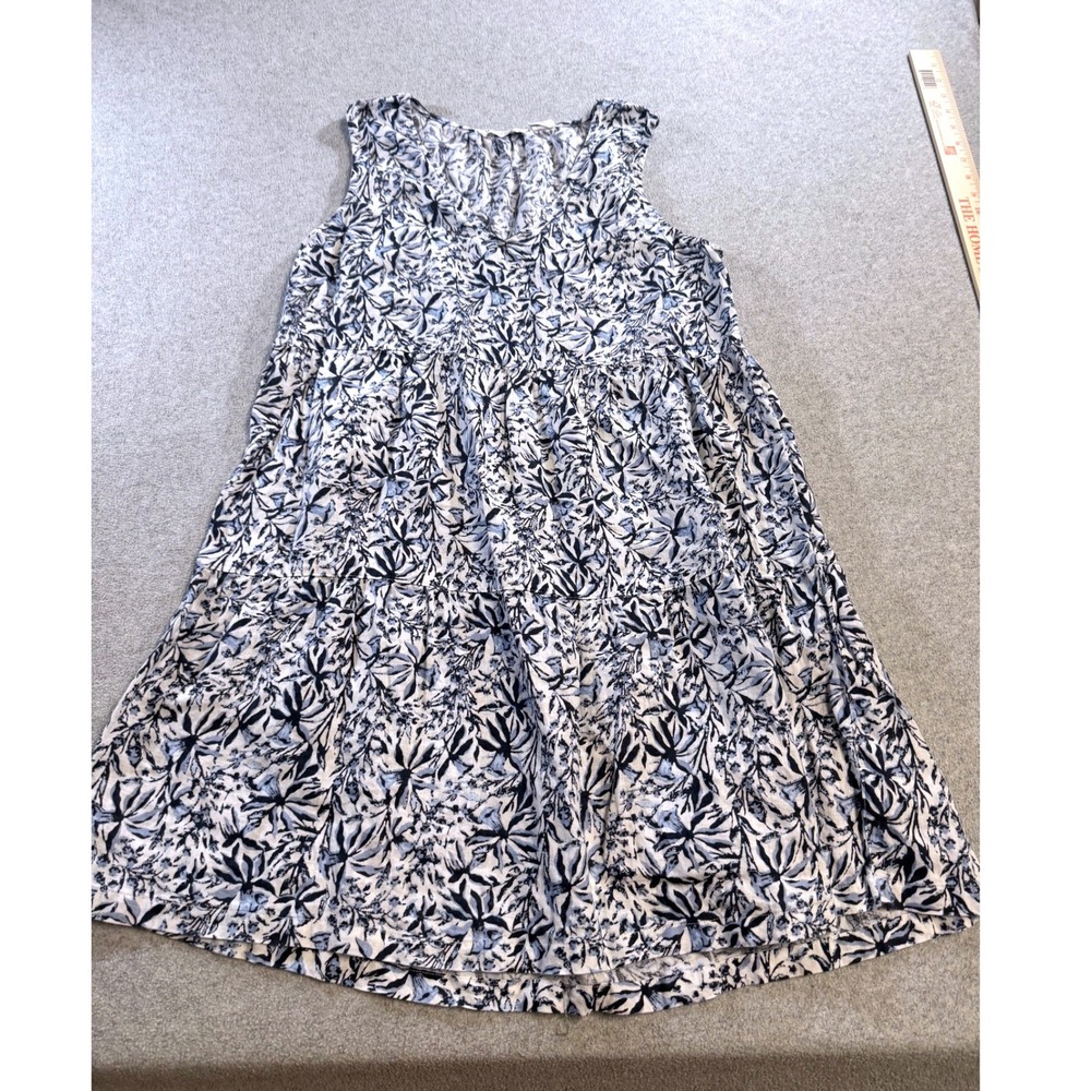 Lucky Brand Linen Tiered Mini Dress Womens Medium Blue White Floral Excellent